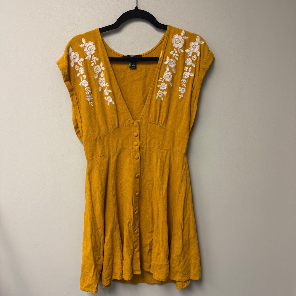 Boho Cottagecore Mustard Yellow Floral Honeycore Embroidered Summer Dress Size M